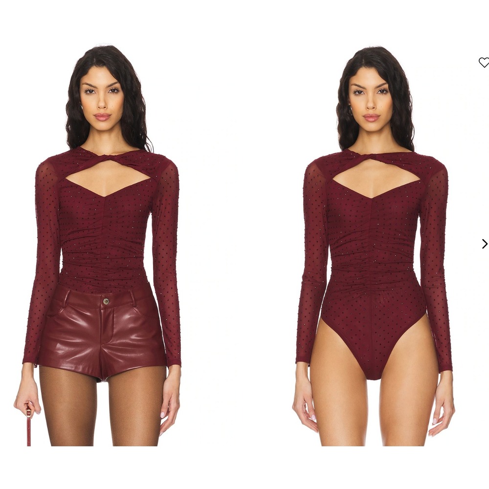 ASTR The Label Ancira Wine Rhinestone Mesh Cutout Bodysuit Large NWOT